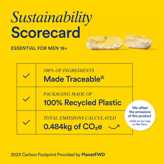 Sustainability scorecard listing the ingredient traceability, packaging sustainability, and carbon footprint for Ritual Essential for Men 18+