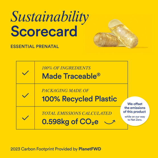 Sustainability scorecard listing the ingredient traceability, packaging sustainability, and carbon footprint for Ritual Essential Prenatal