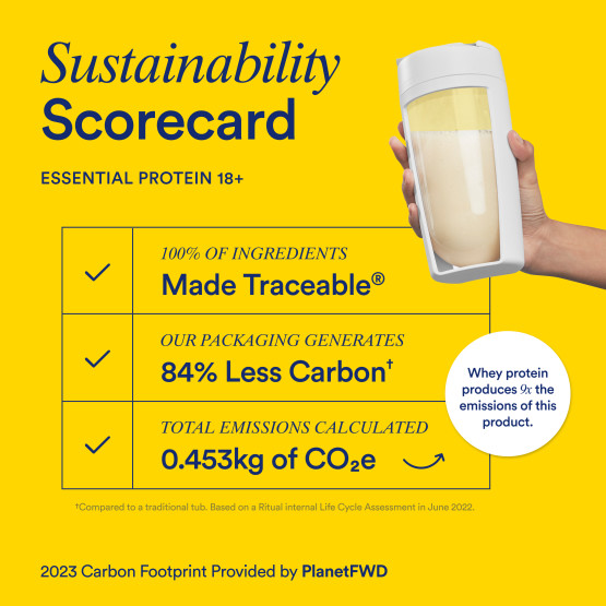 Sustainability scorecard listing the ingredient traceability, packaging sustainability, and carbon footprint for Ritual Essential Protein Daily Shake 18+