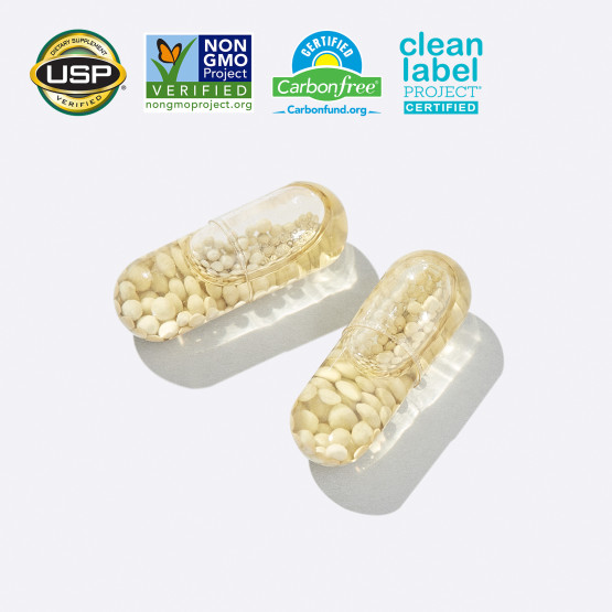 Clear capsules with USP Verified, Non GMO Verified, Certified Carbon Free, and Clean Label Project Certified Badges.