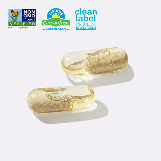 Clear capsules with Non GMO Verified, Certified Carbon Free, and Clean Label Project Certified Badges.